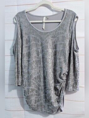 NY Collection  Silver-Gray Velvet Cold-Shoulder Scoop Neck Top Size XL